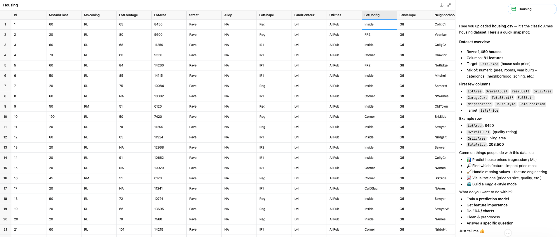 ChatGPT's data viewer — a raw spreadsheet table with no profiling or quality indicators