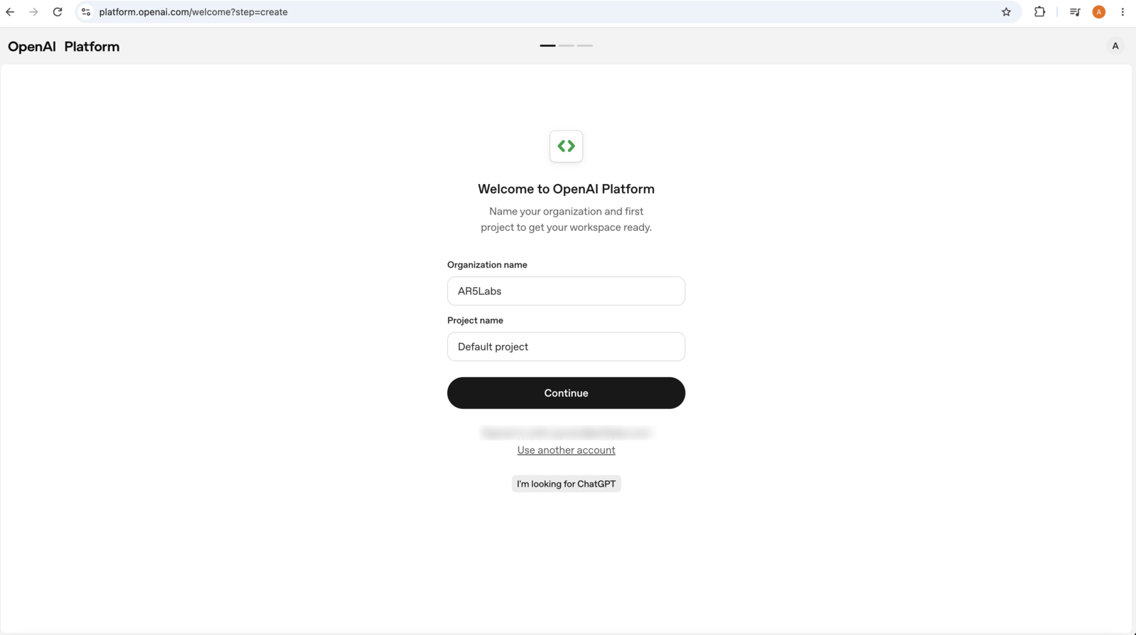 The Welcome to OpenAI Platform screen asking for an organization name and project name