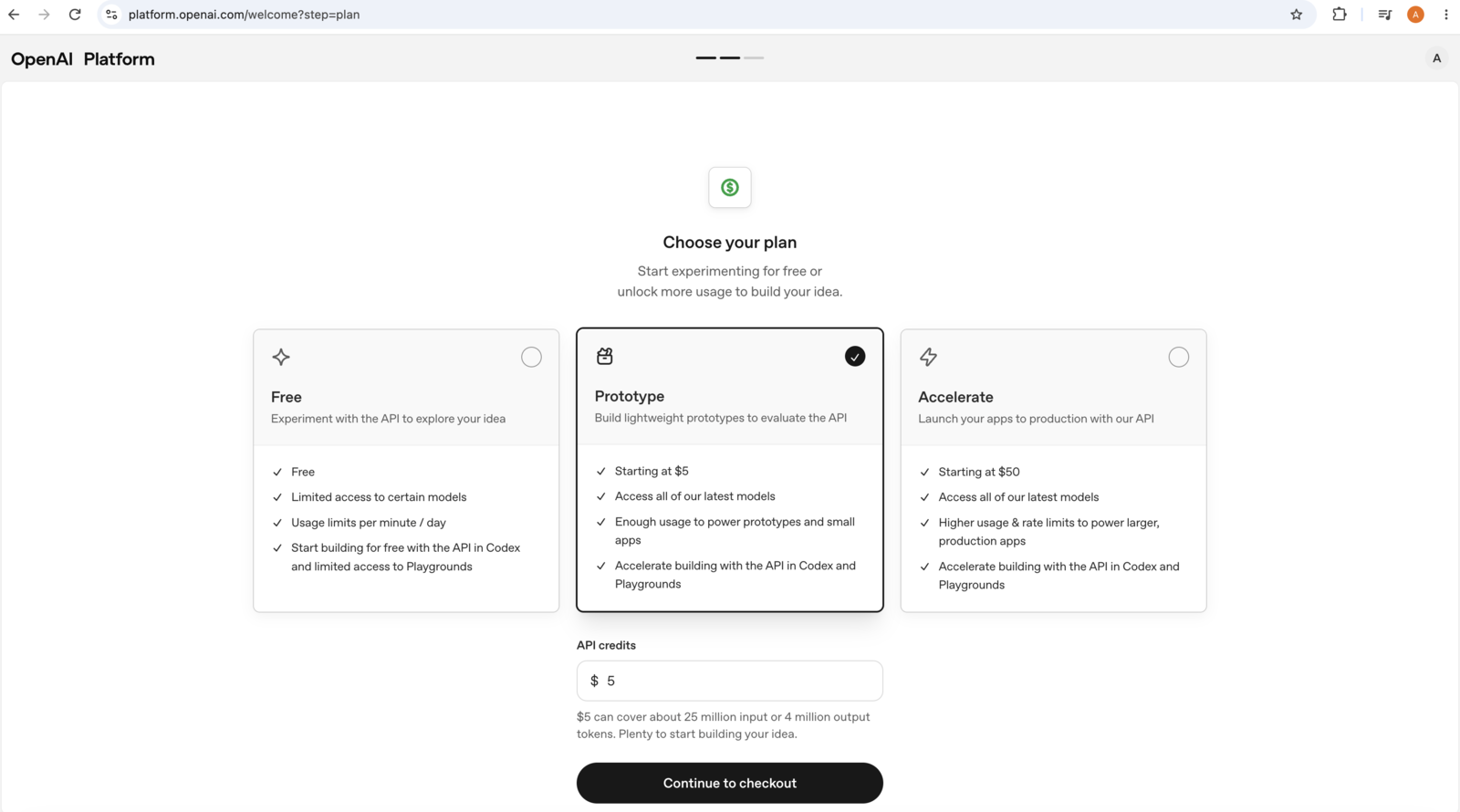 OpenAI's Choose your plan screen showing the Free, Prototype and Accelerate options with Prototype selected