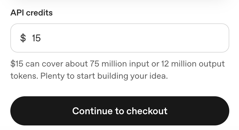 The API credits field set to $15, with the note that $15 covers about 75 million input tokens