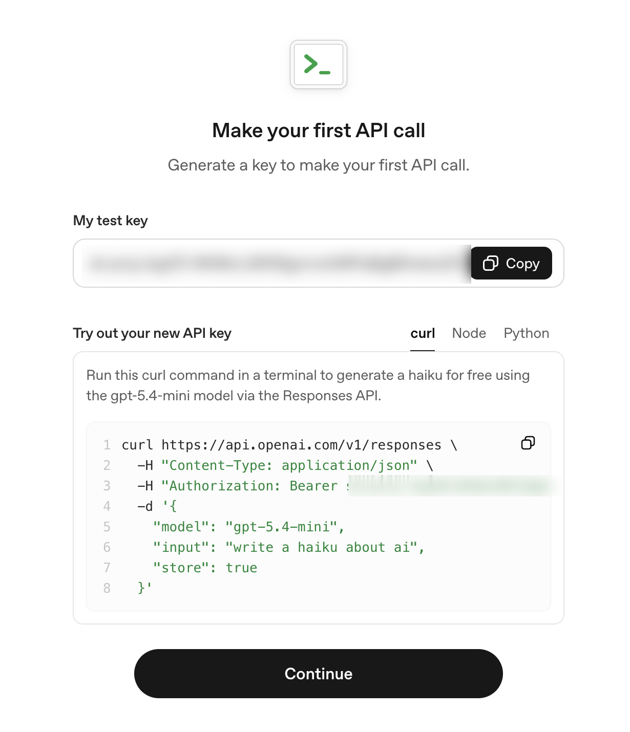 The newly generated OpenAI secret key shown once with a Copy button, above a sample curl command