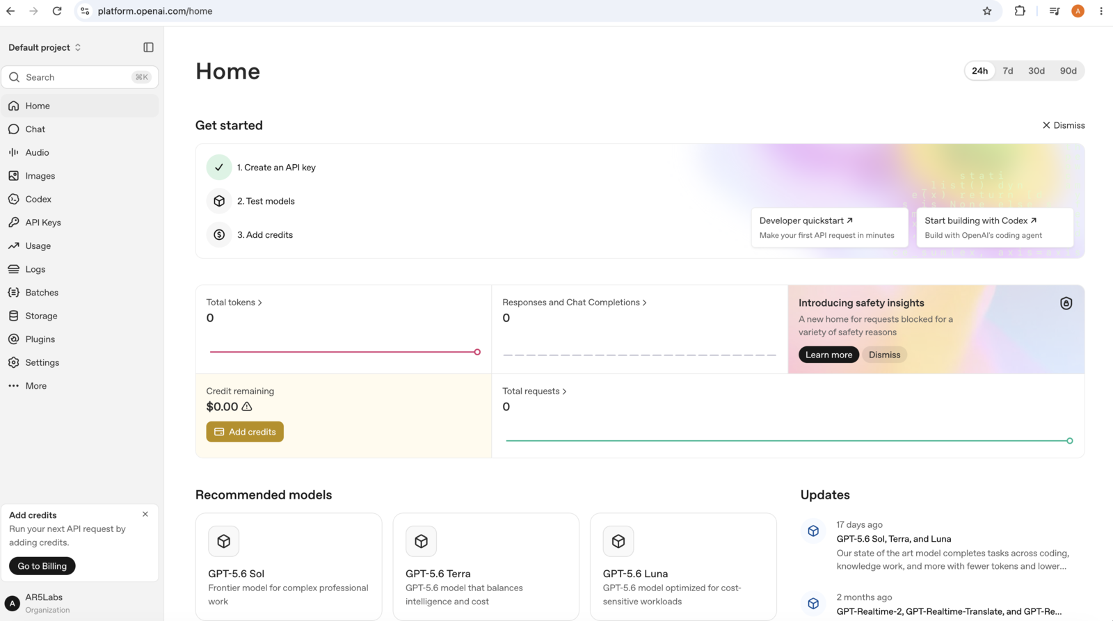 The OpenAI platform dashboard showing a Credit remaining panel reading $0.00 with an Add credits button