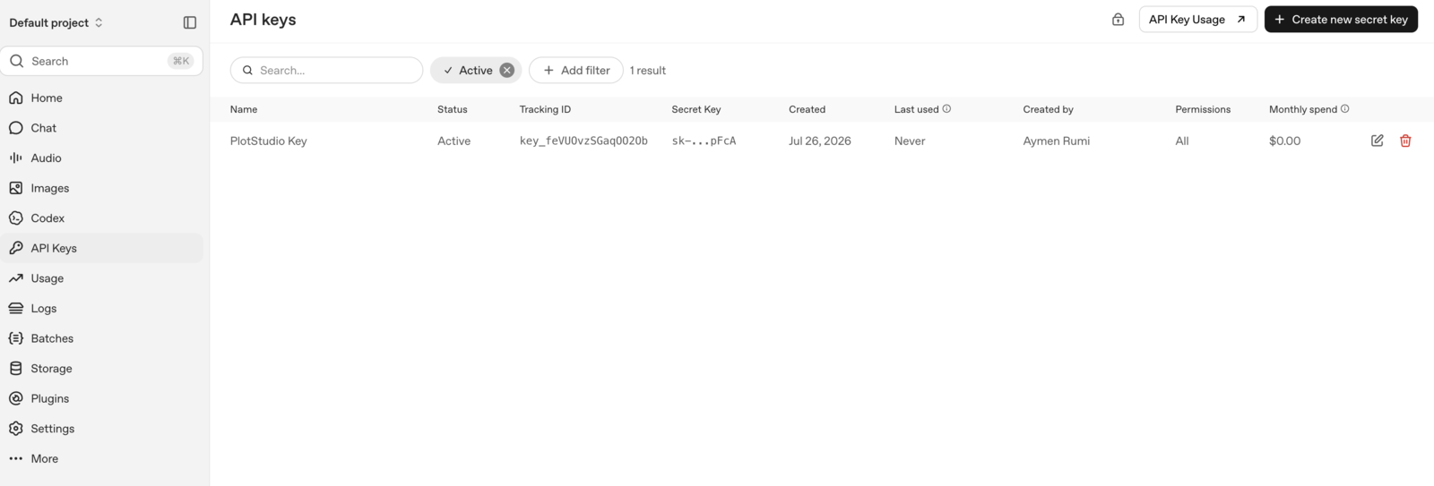 The OpenAI API keys page listing a key named PlotStudio Key with a Create new secret key button