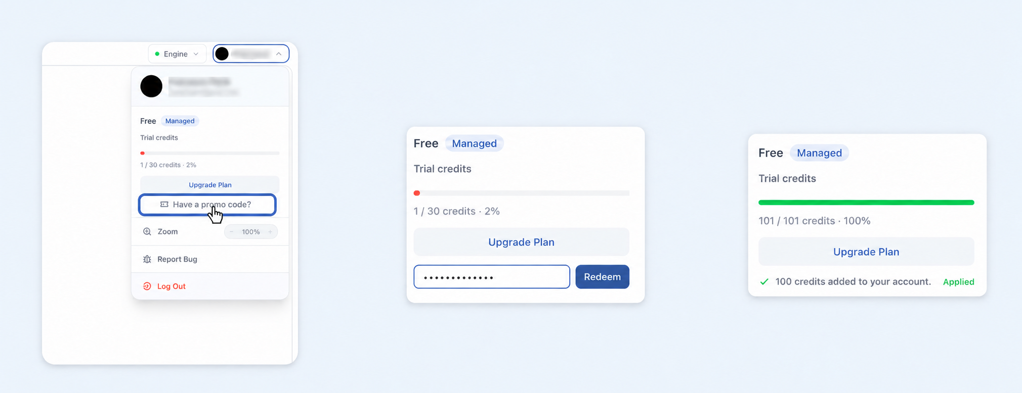 PlotStudio account menu with the user icon and Have a promo code? option highlighted in blue