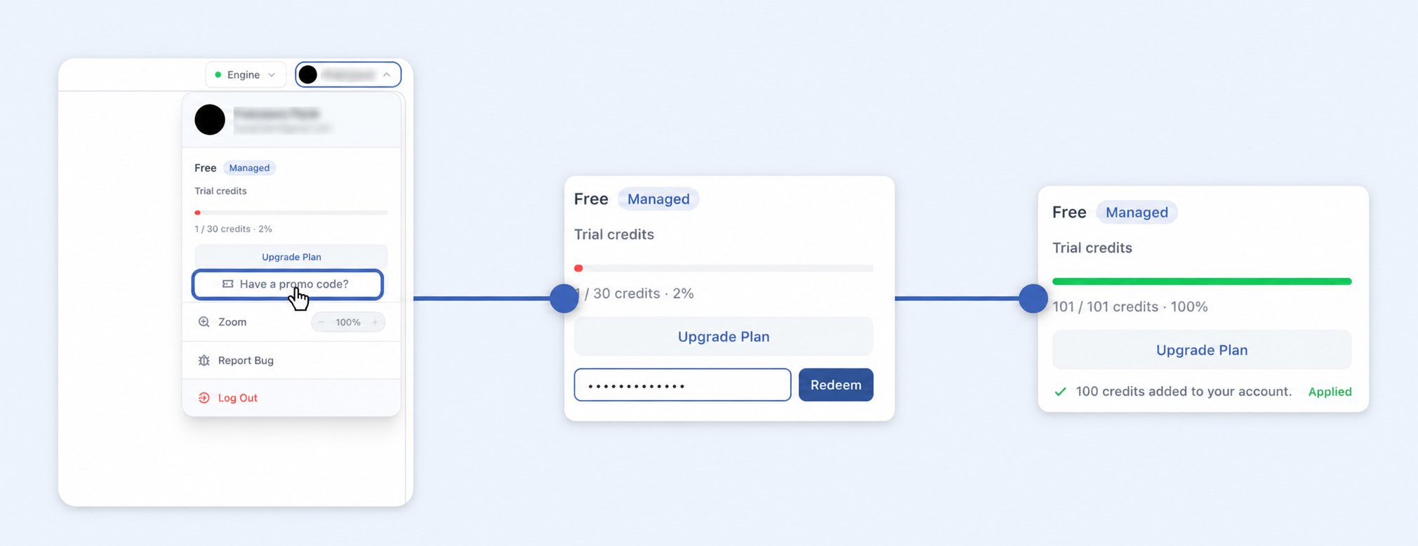 Three-step overview: open the account menu, enter a promo code, and see the credit confirmation