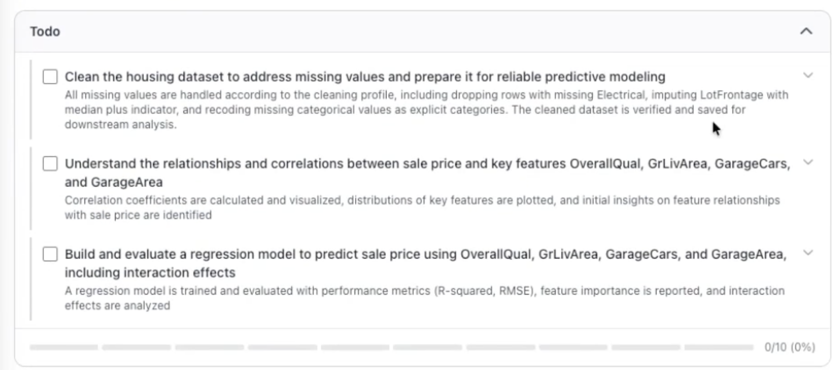 PlotStudio AI's TODO plan — three structured steps: clean, understand correlations, build and evaluate a regression model with interaction terms