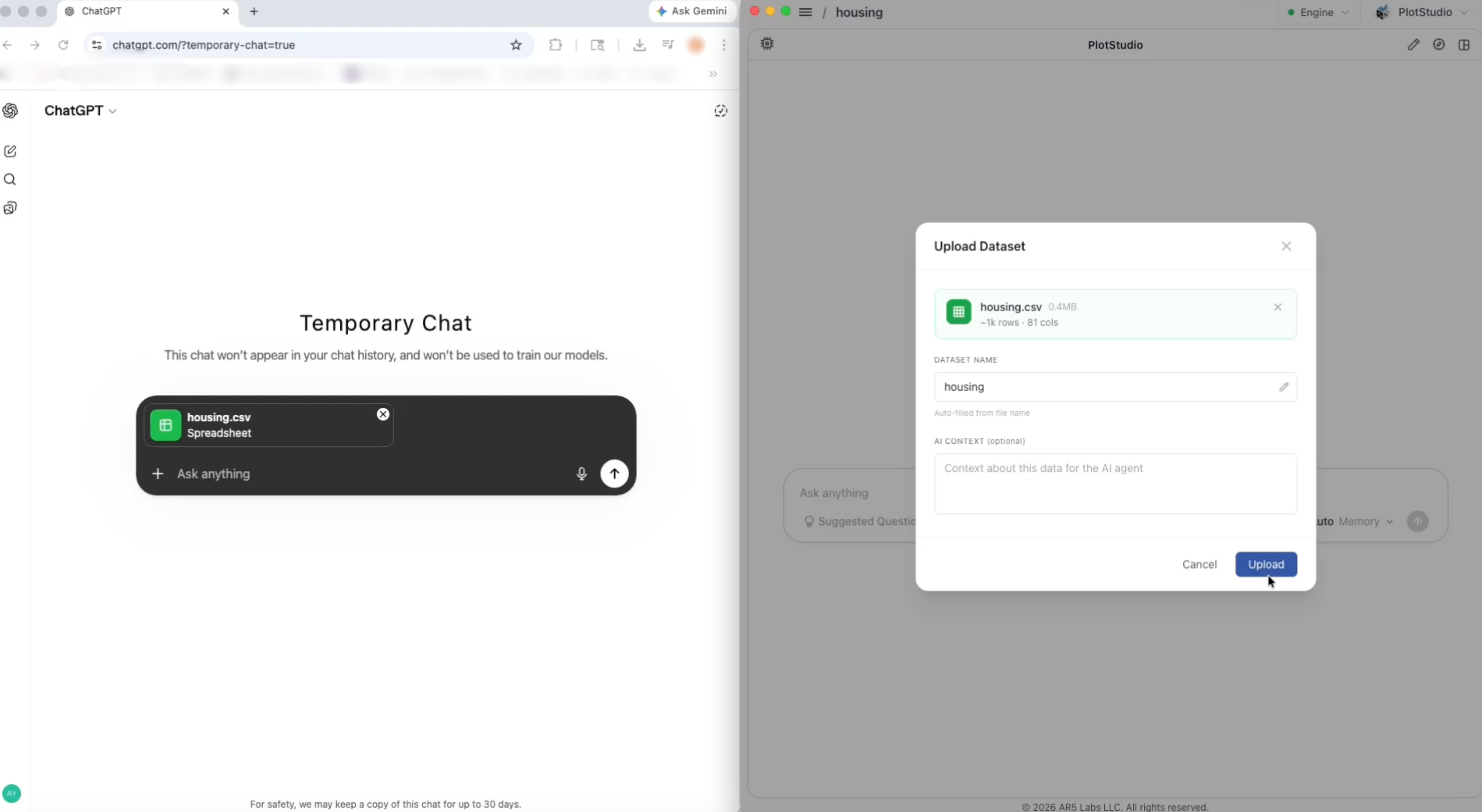Side-by-side comparison of uploading the same CSV to ChatGPT and PlotStudio AI